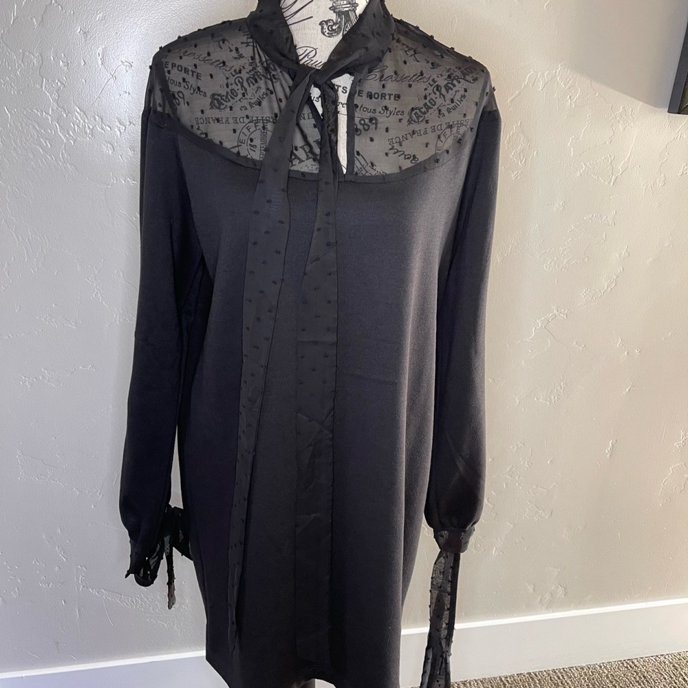 NWT ZARA black midi M sweater dress; see thru neckline, tie neck, tie wrist.